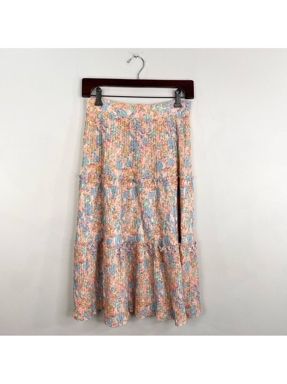 Vintage 70s boho cottagecore coral pink blue floral plisse tiered midi skirt - Picture 4 of 15